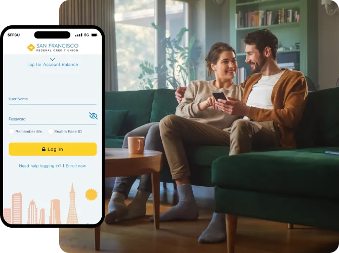 Mobile app image. Phone and couple.