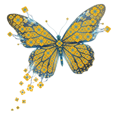 A blue and gold butterfly logo with trailing flowers.
