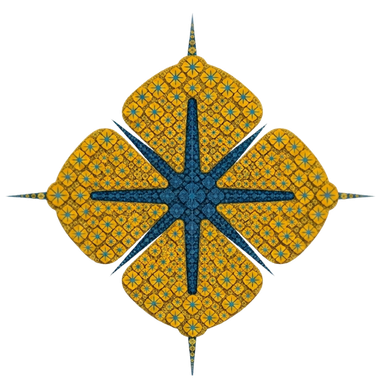A blue and gold four-sided flower logo