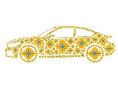 An automobile filled with blue and gold flower icons.
