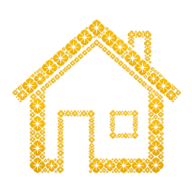 A house logo filled with gold flowers.