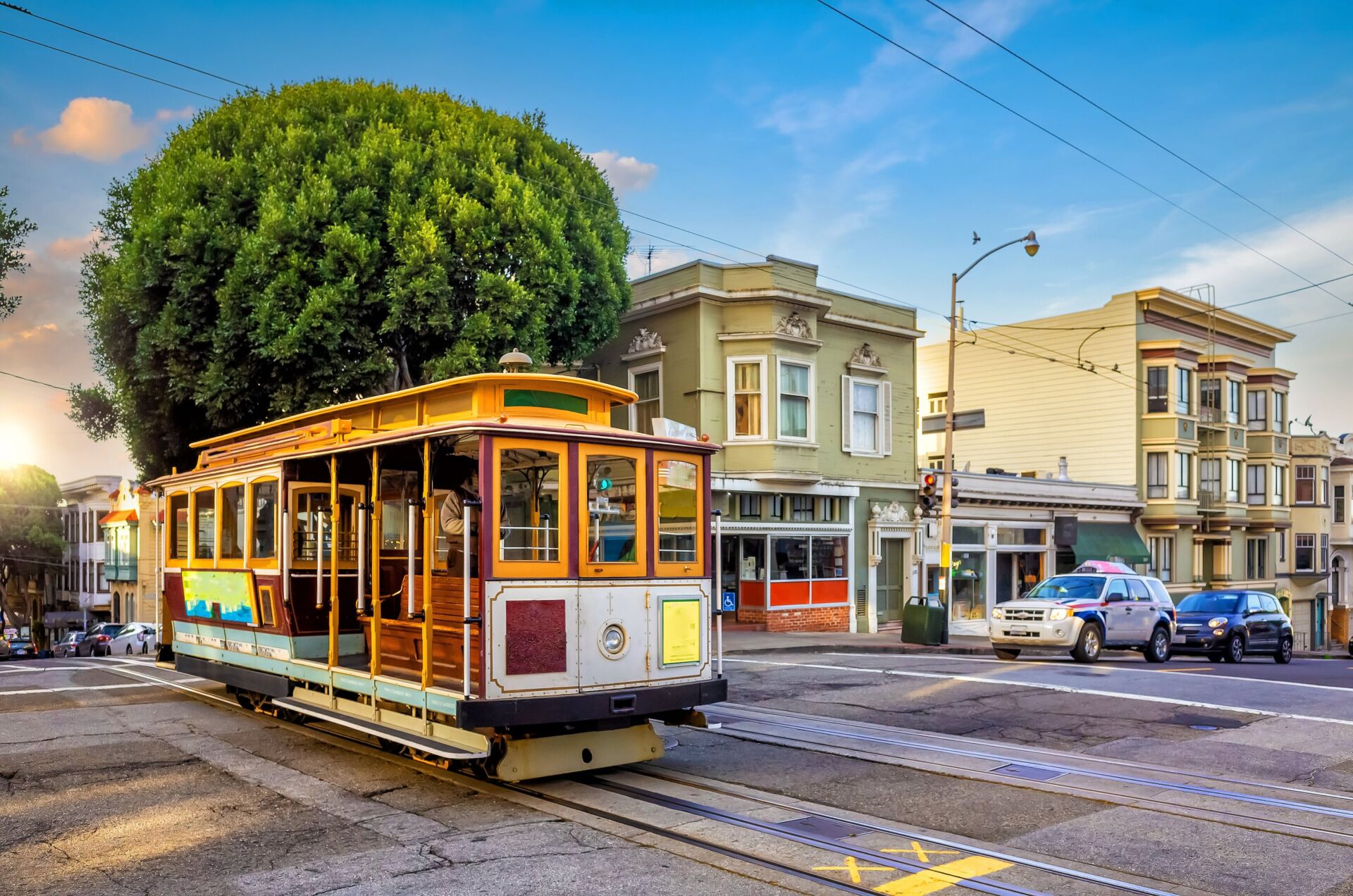 Cable car tram in downtown San Francisco, California.